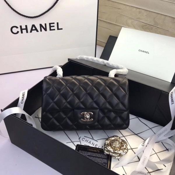 Ch**el Flap Bag Lambskin Black with Sliver Hardware 20CM
