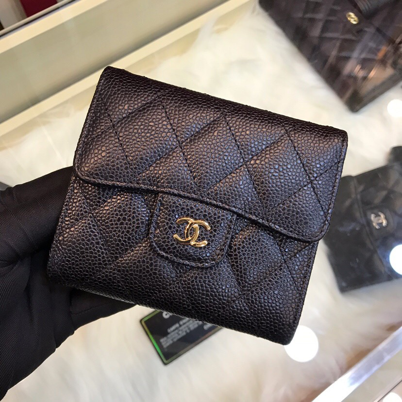 Ch**el Calfskin Leather Plain Folding Black Wallets with Gold Hardware
