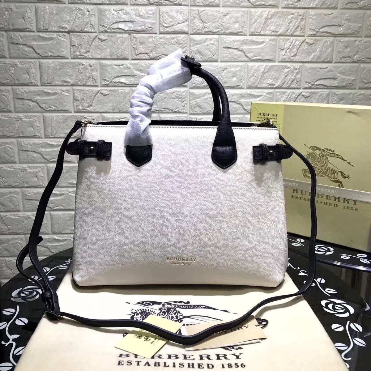 Bv*b*rry Classic Leather Tote Bag with White