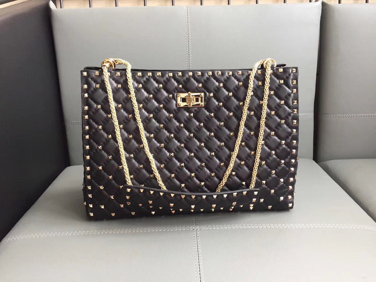 Va1e*ntin0 original lambskin spike tote bag with Black