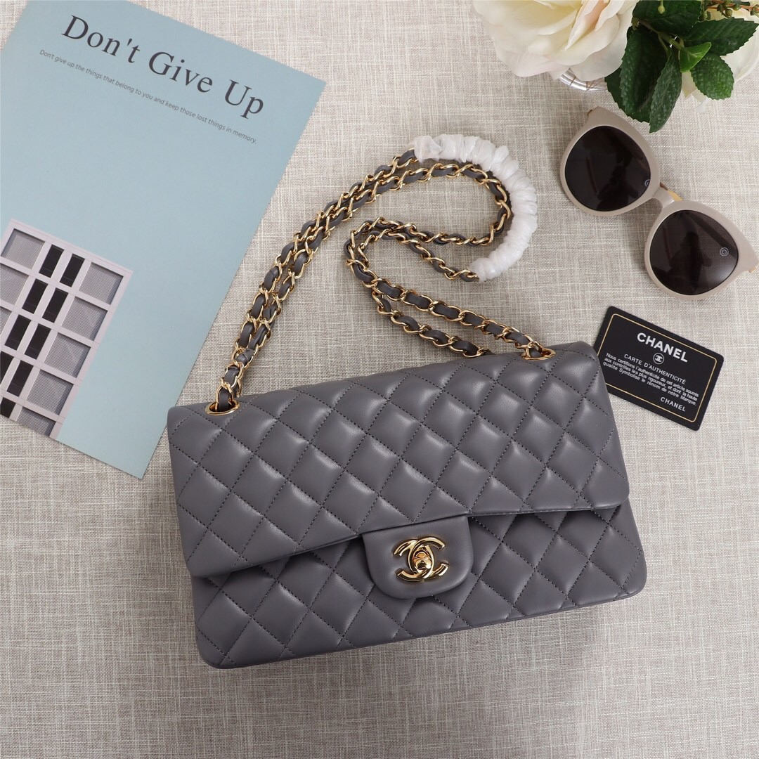 Ch**el Flap Bag 25cm Gray Gold Hardware Bagsaa