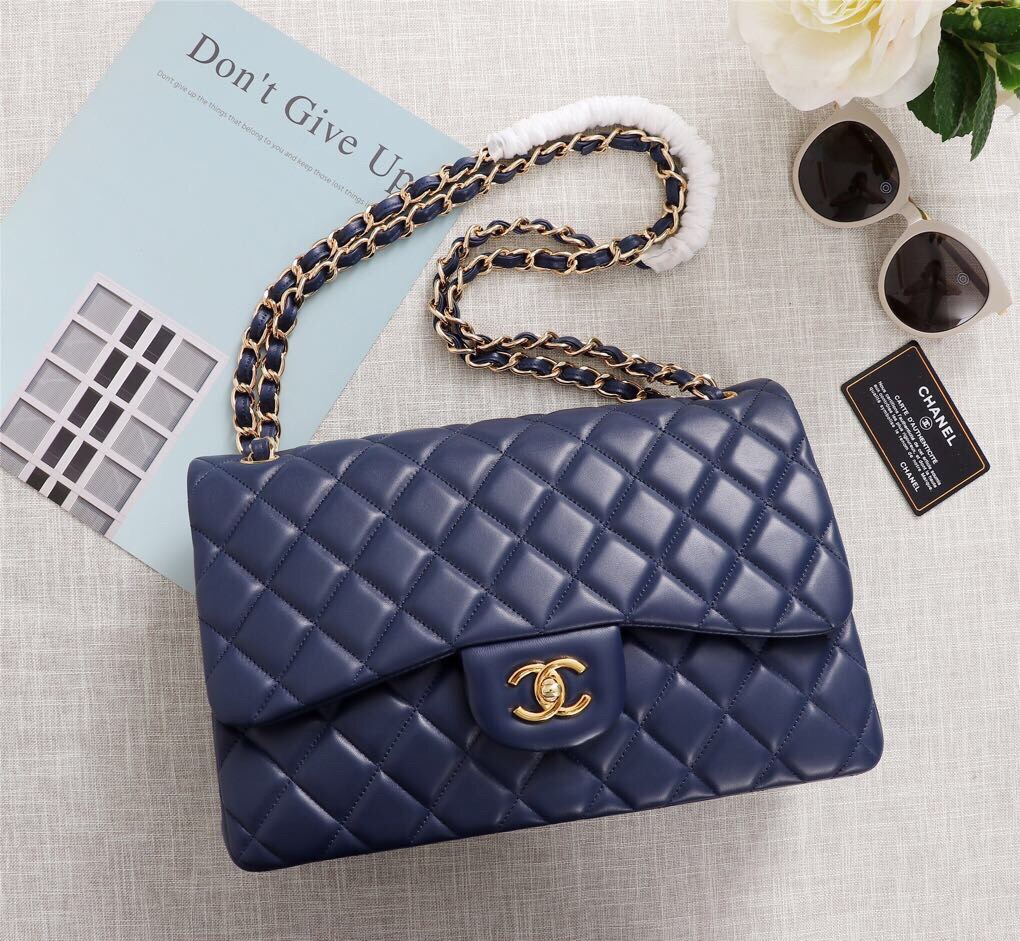 Ch**el Flap Bag 1113 30cm Lambskin Blue Gold Hardware