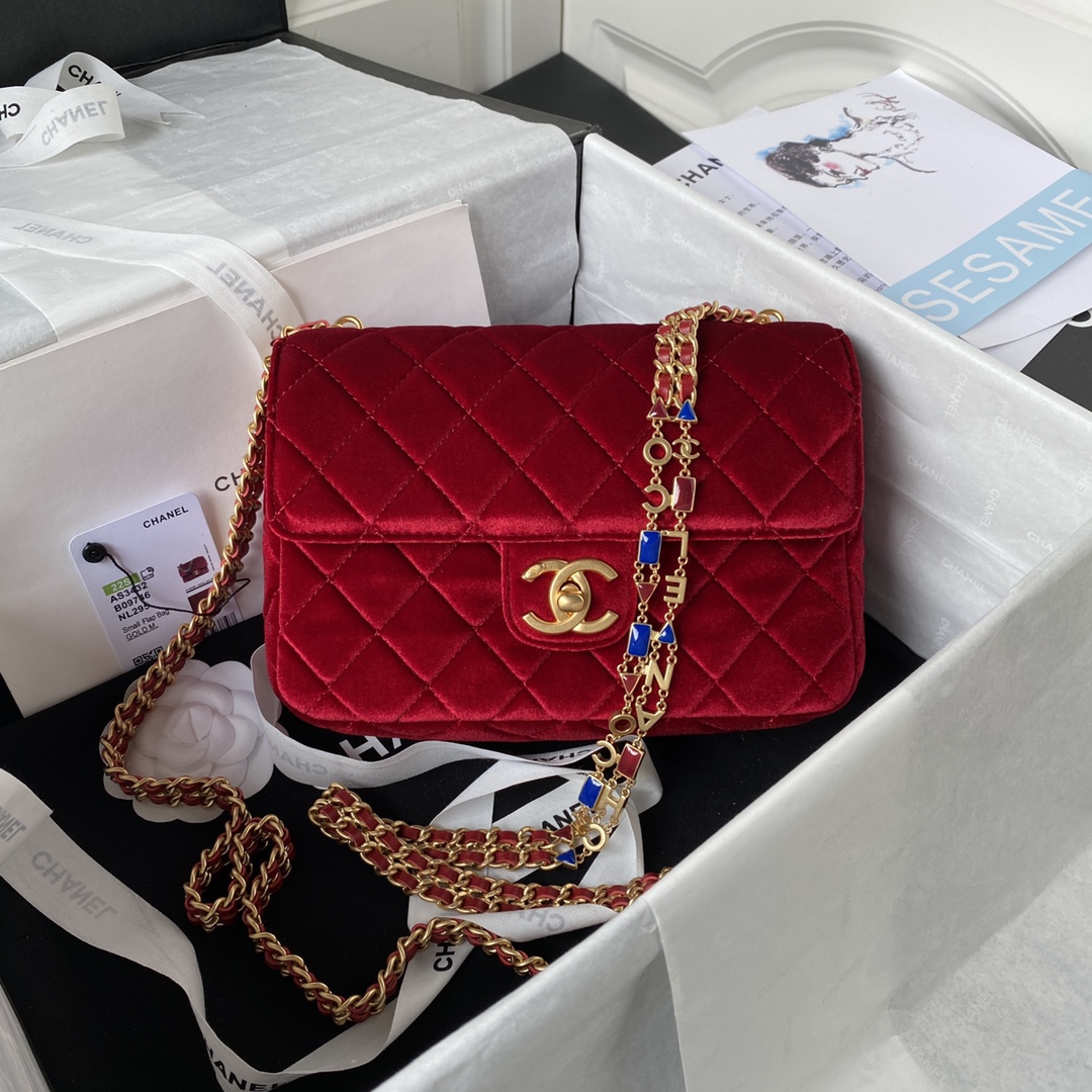Ch**el Flap Bag Velvet Red 20cm
