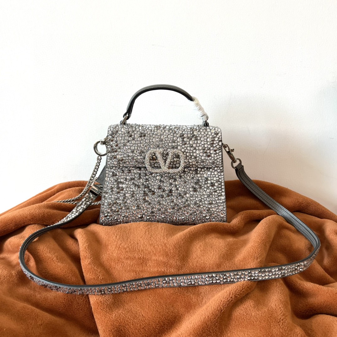 Bagsaaa Va1e*ntin0 Vsling Mini Handbag With Sparkling Embroidery Pearl Grey - W19xH13xD9 cm
