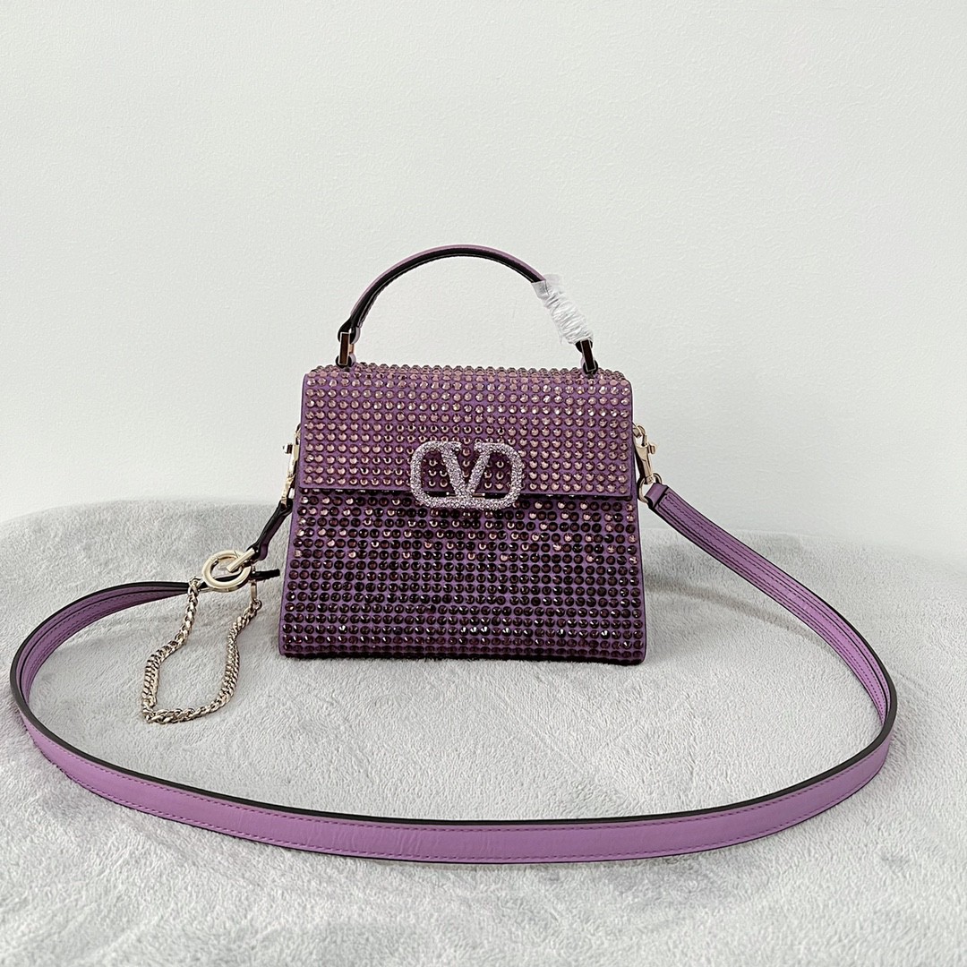 Bagsaaa Va1e*ntin0 Vsling Mini Handbag With RHINESTONES AMETHYST - W19xH13xD9 cm