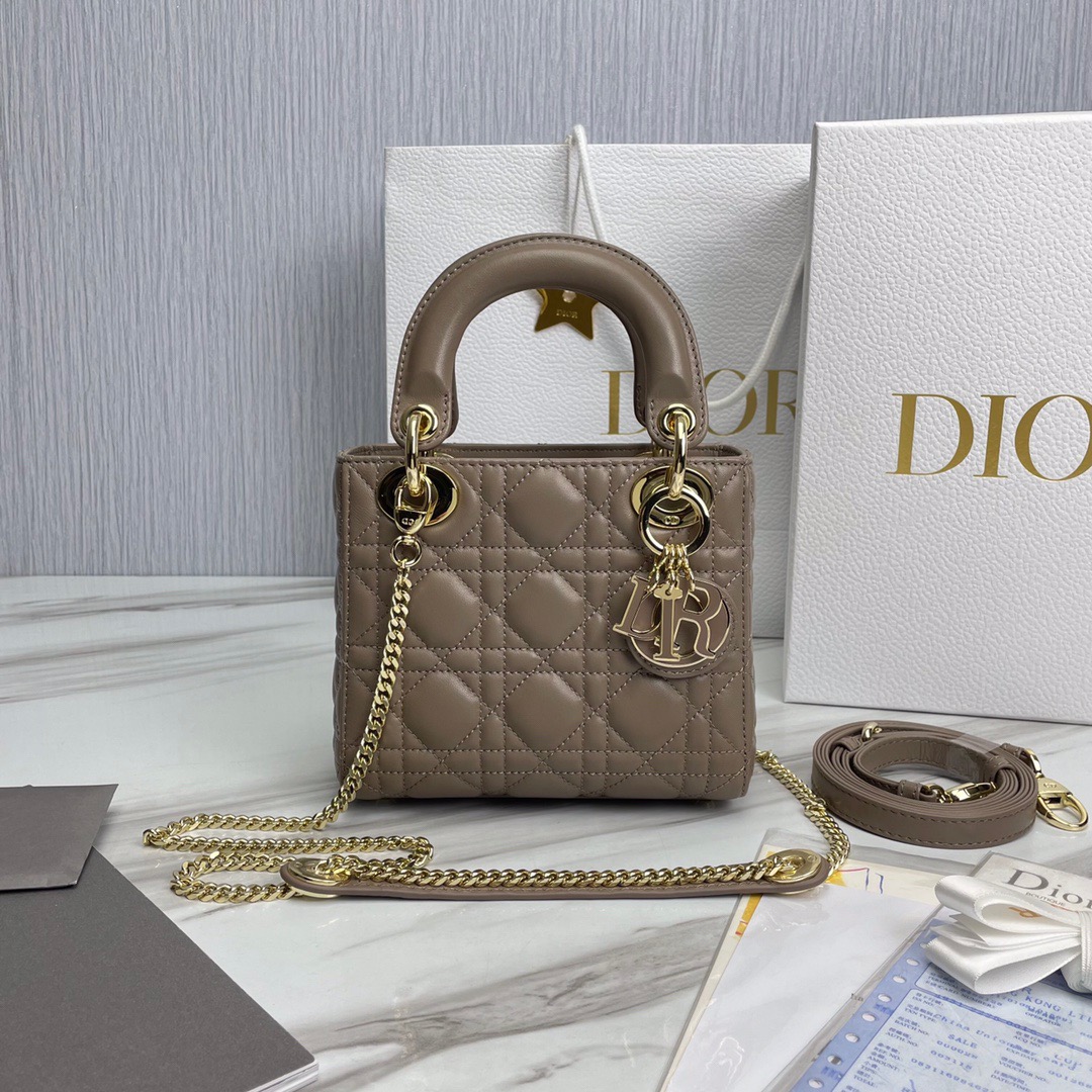 Bagsaaa D10r Lady Mini Taupe Lambskin Leather - 17cm