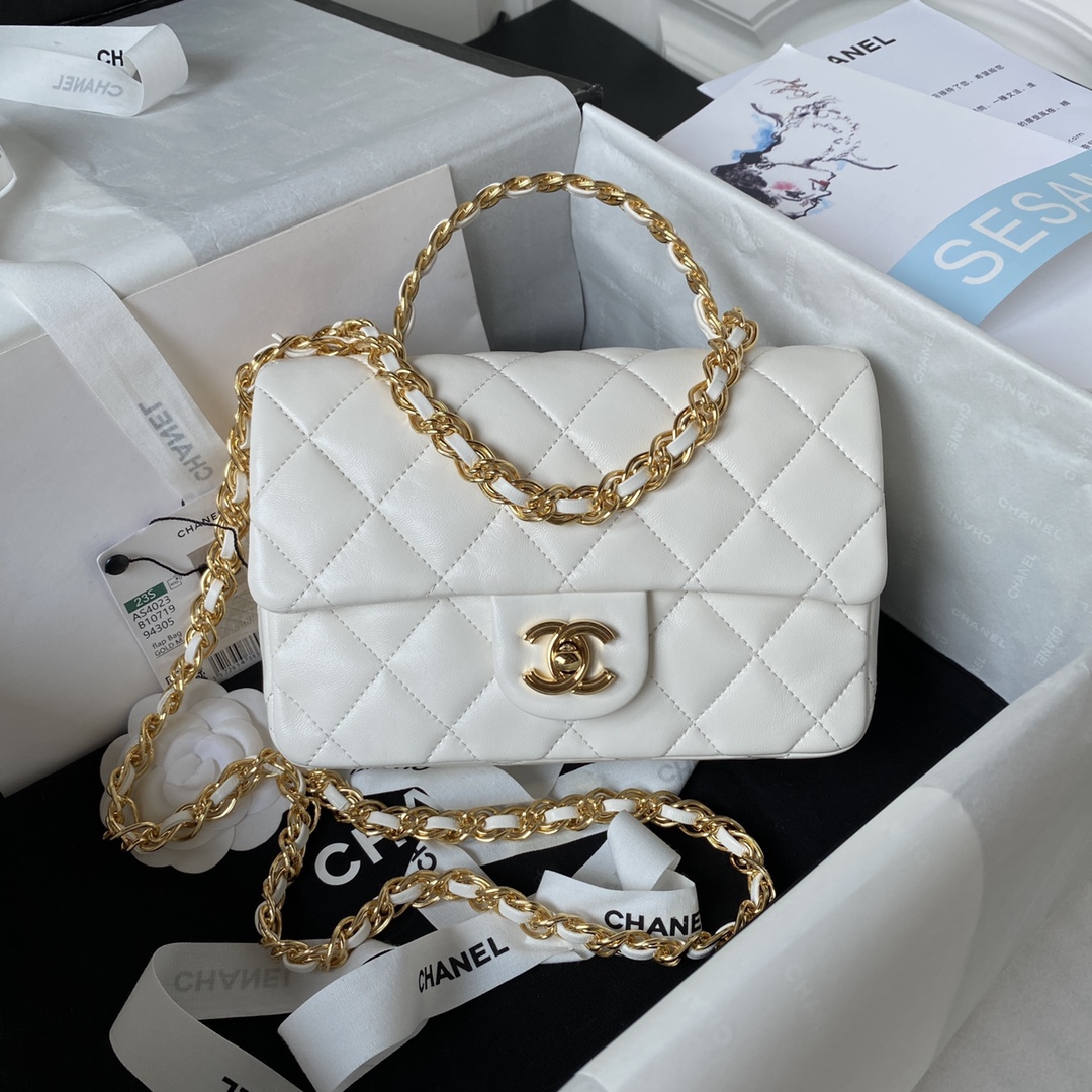 Bagsaaa Ch**el Flap Bag Lambskin Leather Gold Handle In White - 13X21X8cm