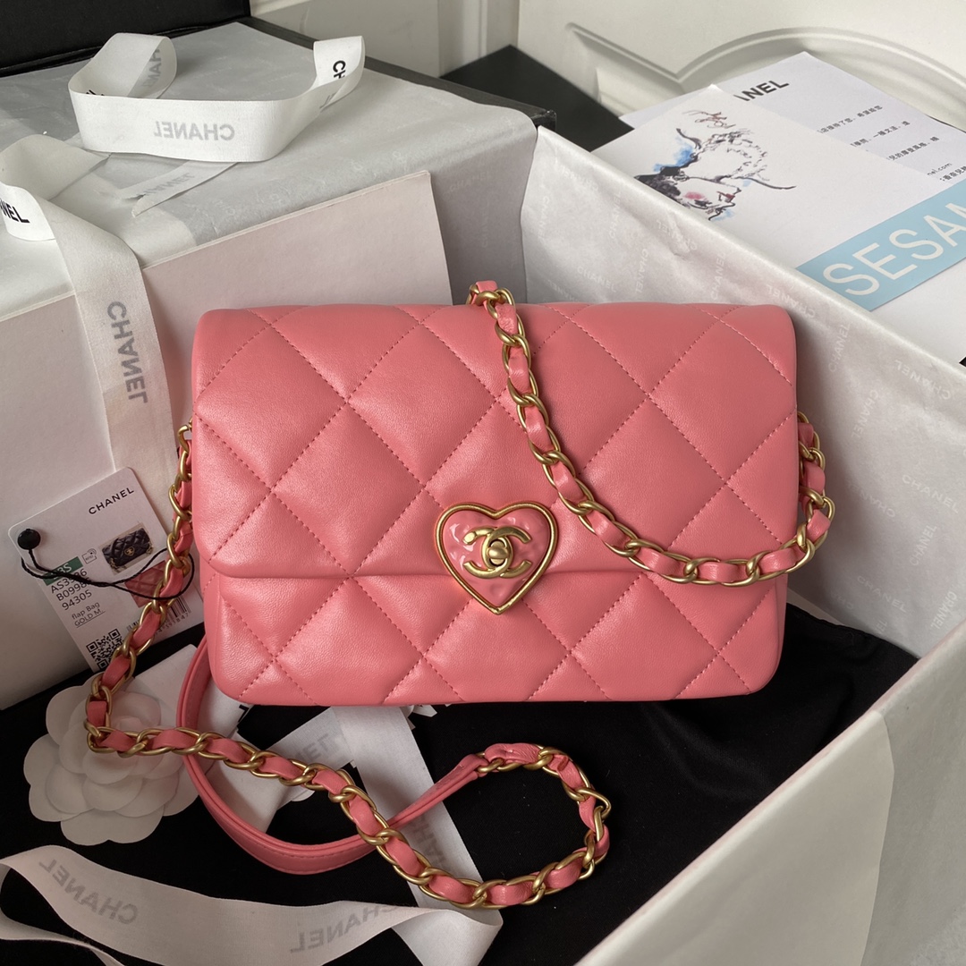Bagsaaa Ch**el Small Flap Bag Lambskin Pink - 21X14X7cm