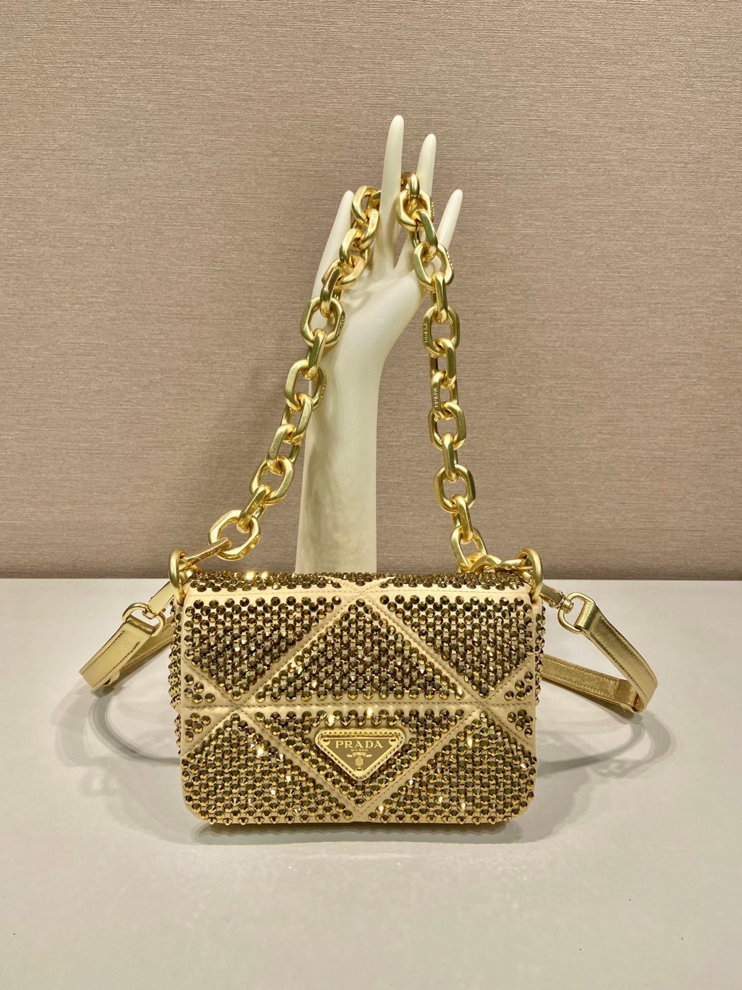 Bagsaaa Pra*a Mini Crystal-embellished Triangle Logo Gold Shoulder Bag - 17*11.5*6.5cm