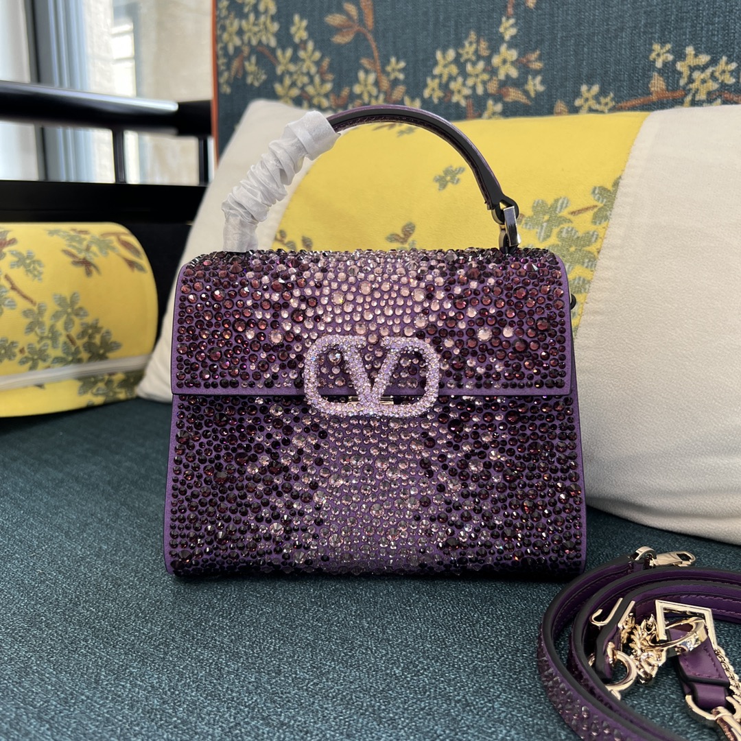 Bagsaaa Va1e*ntin0 Garavani Middle East Crystal VSling Top Handle Purple Bag - 19x13x9cm