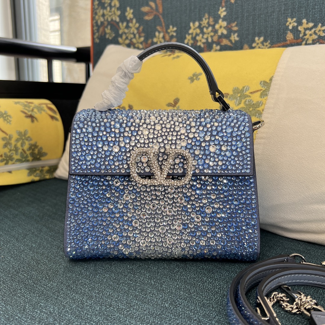 Bagsaaa Va1e*ntin0 Garavani Middle East Crystal VSling Top Handle Blue Bag - 19x13x9cm