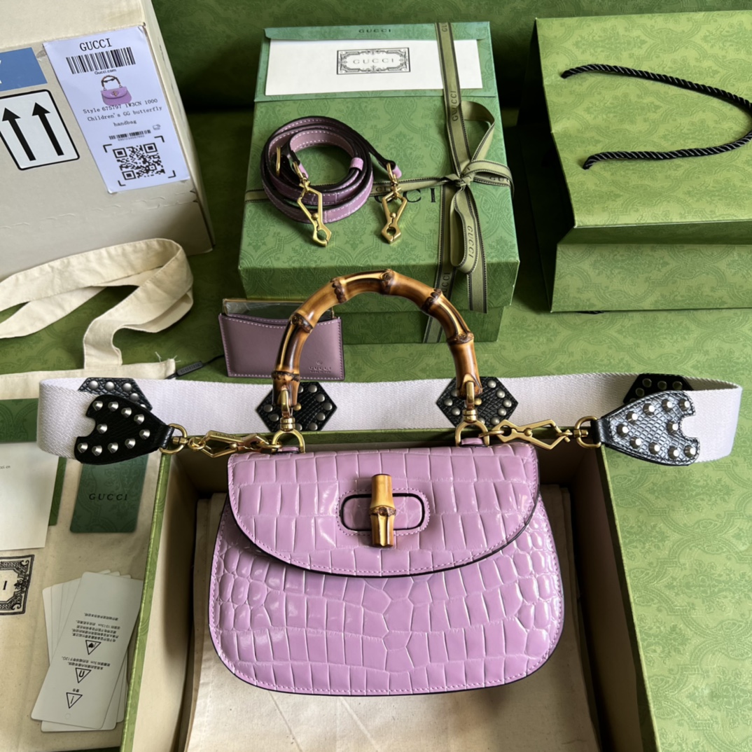 Bagsaaa Bamboo 1947 Small Top Handle Purple Crocodile Leather Bag - 21x15x7cm