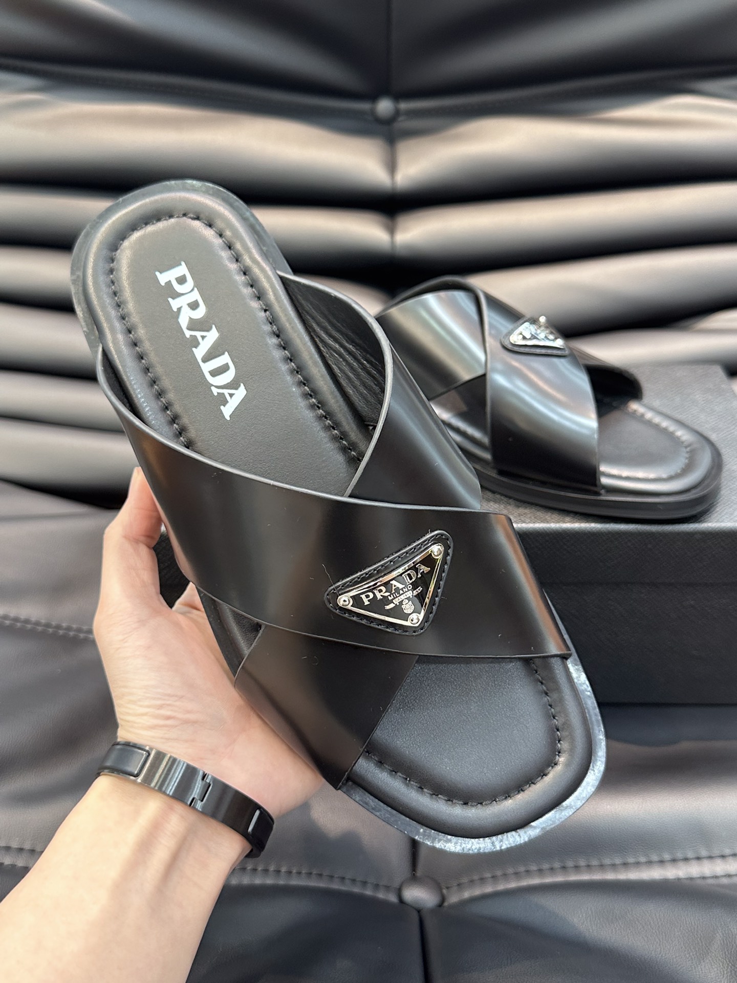 Bagsaaa Pra*a Black Smooth Leather Logo Slides