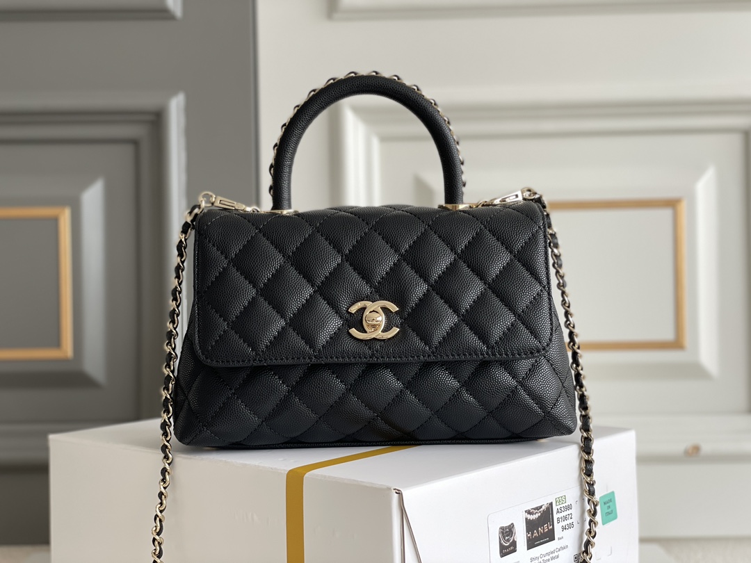 Bagsaaa Ch**el Coco Handle Black Bag - 24x14x10cm