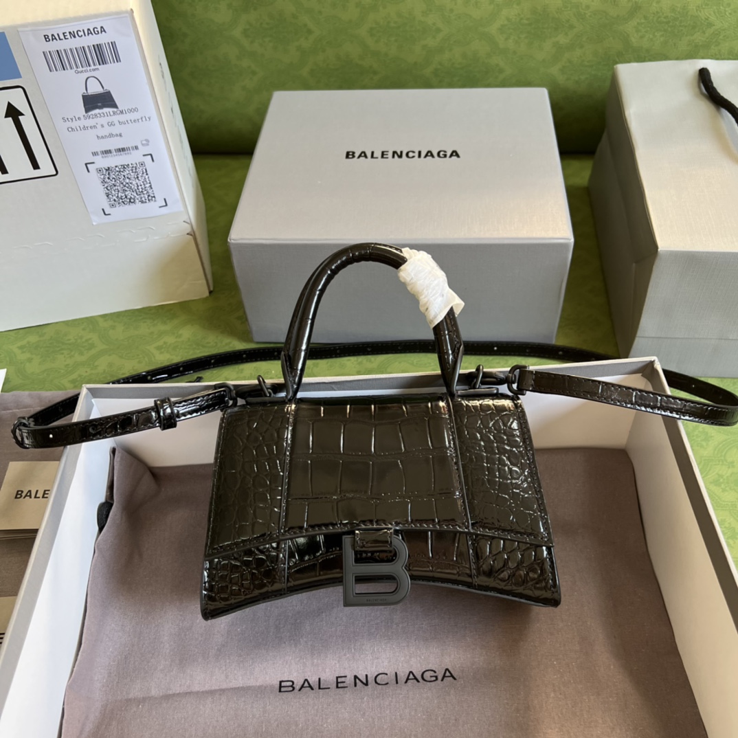 Bagsaaa Ba1en*iaga Hourglass XS Crocodile Embossed Black Hardware - 19*13*8cm
