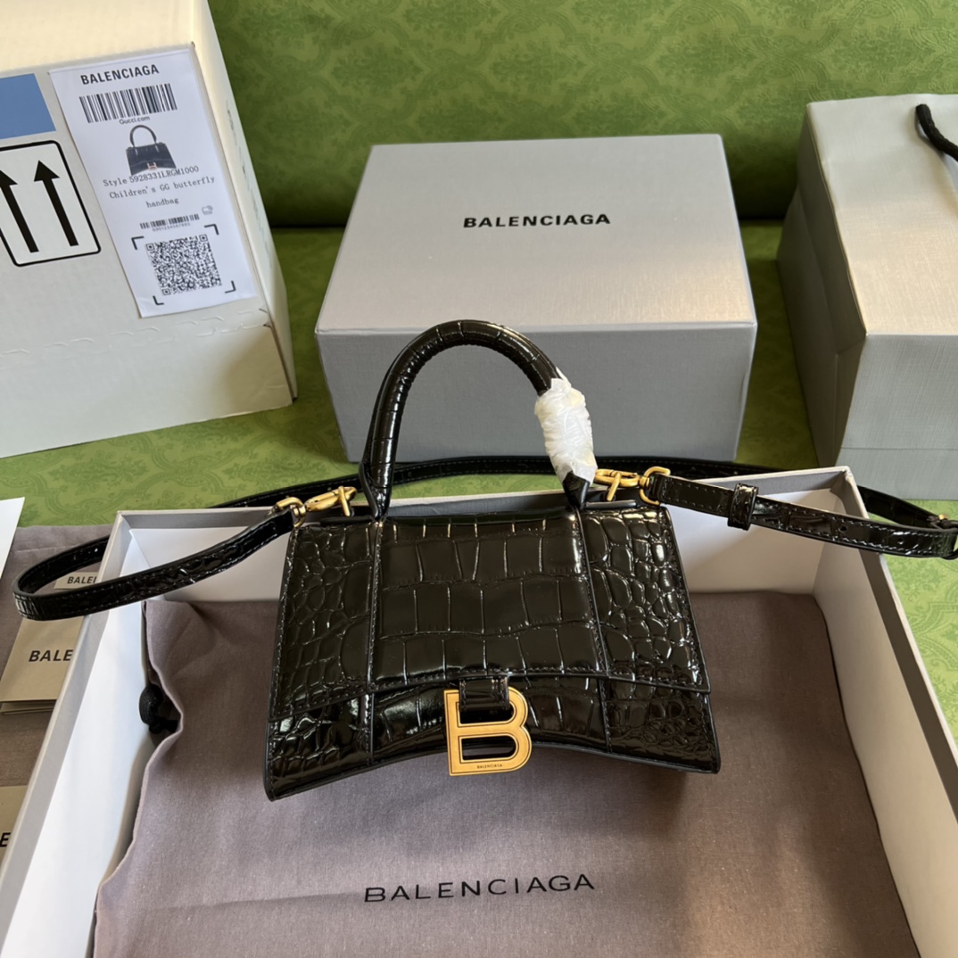 Bagsaaa Ba1en*iaga Hourglass XS Crocodile Embossed Gold Hardware - 19*13*8cm