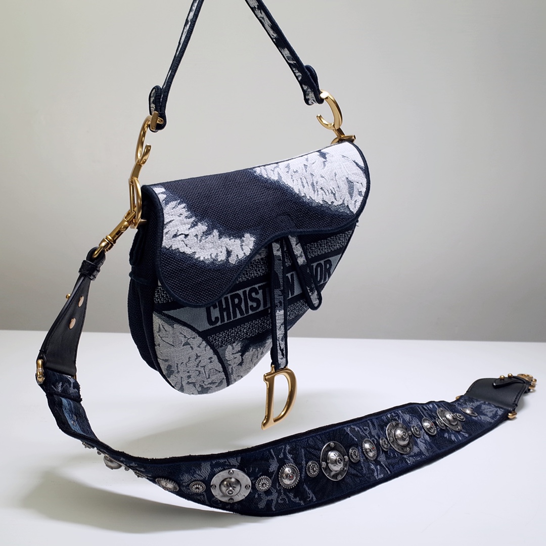 Bagsaaa D10r Saddle Navy Blue Embroidered - 25.5 x 20 x 6.5 cm