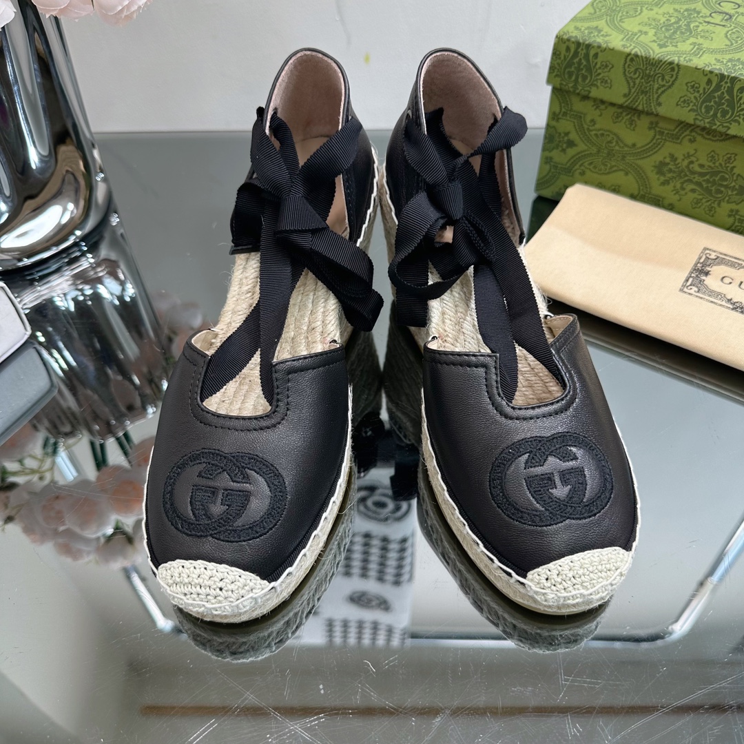 Bagsaaa Gvc*1 Ankle Tie Wedge Espadrille Black Sandals