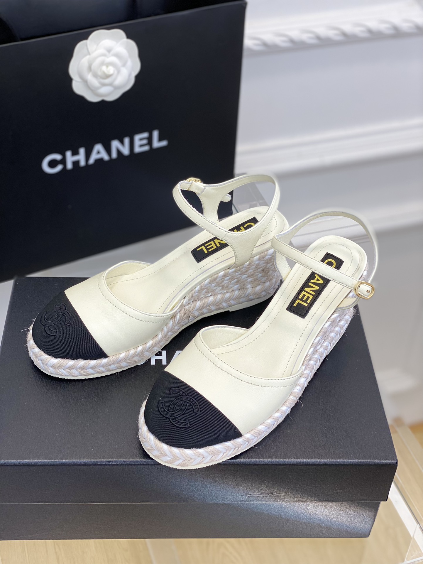 Bagsaaa Ch**el Ankle Strap Wedge Espadrilles White Leather