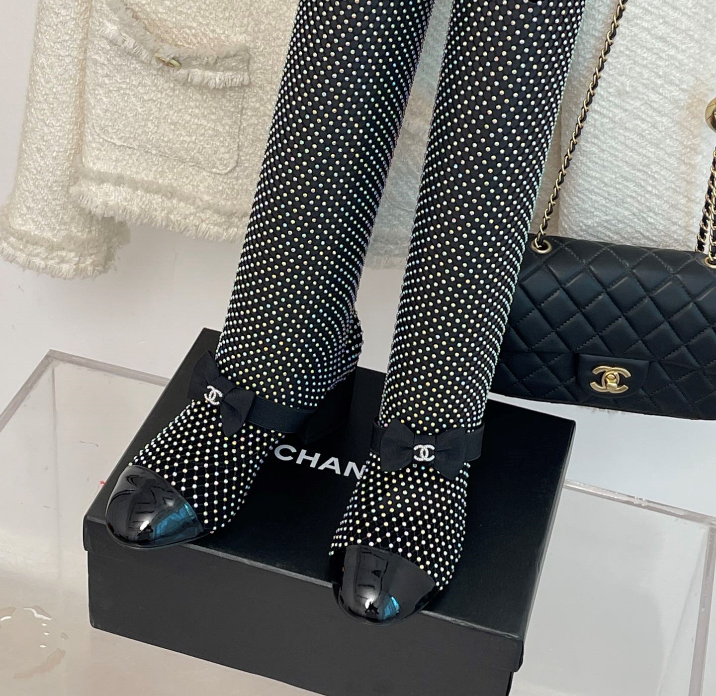 Bagsaaa Ch**el Mary Janes Resille Calfskin Long Black