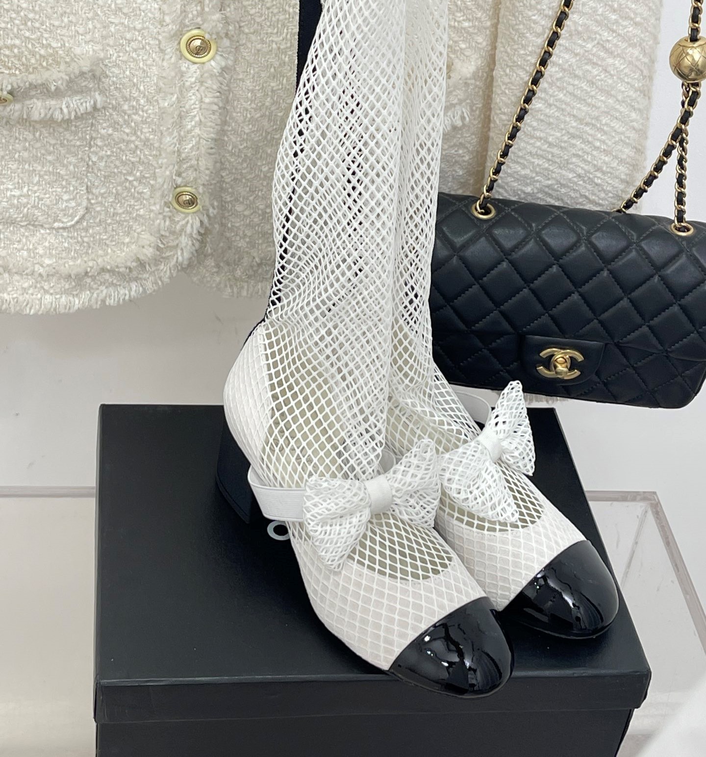 Bagsaaa Ch**el Mary Janes Resille Calfskin Long White