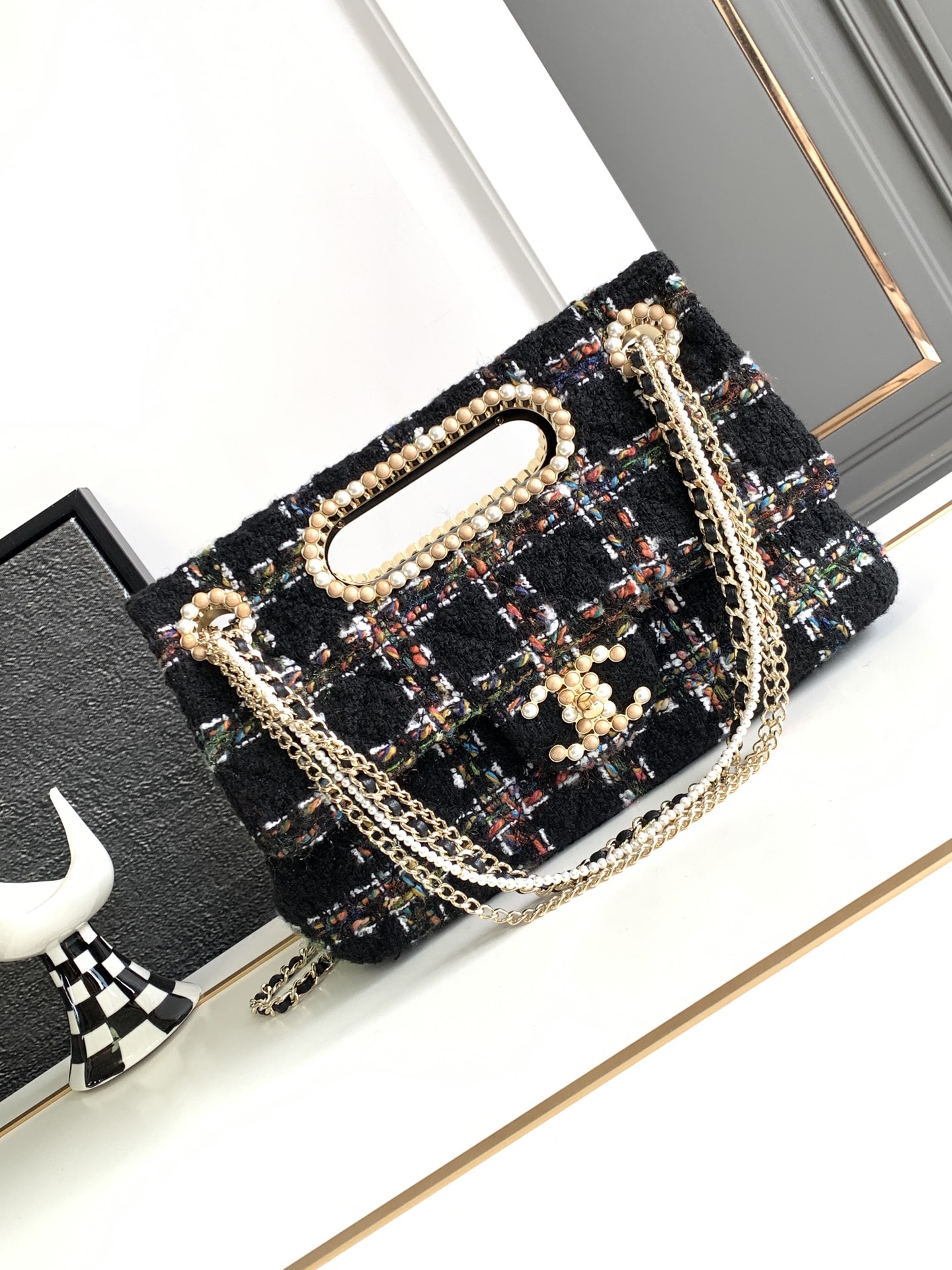 Bagsaaa Ch**el Double Flap Bag with Cut Out Handle and Multi Chain Black Tweed - 29x19x9cm