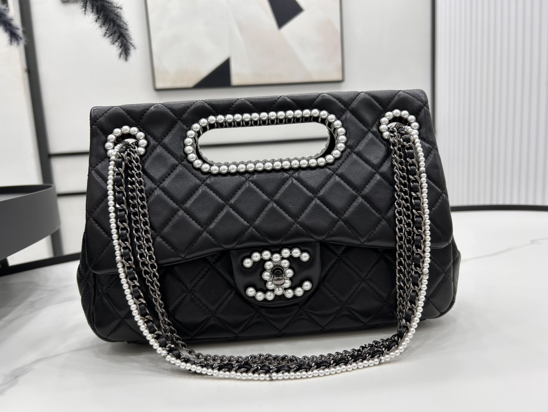 Bagsaaa Ch**el Double Flap Bag with Cut Out Handle and Multi Chain Black Leather - 28＊20＊7cm