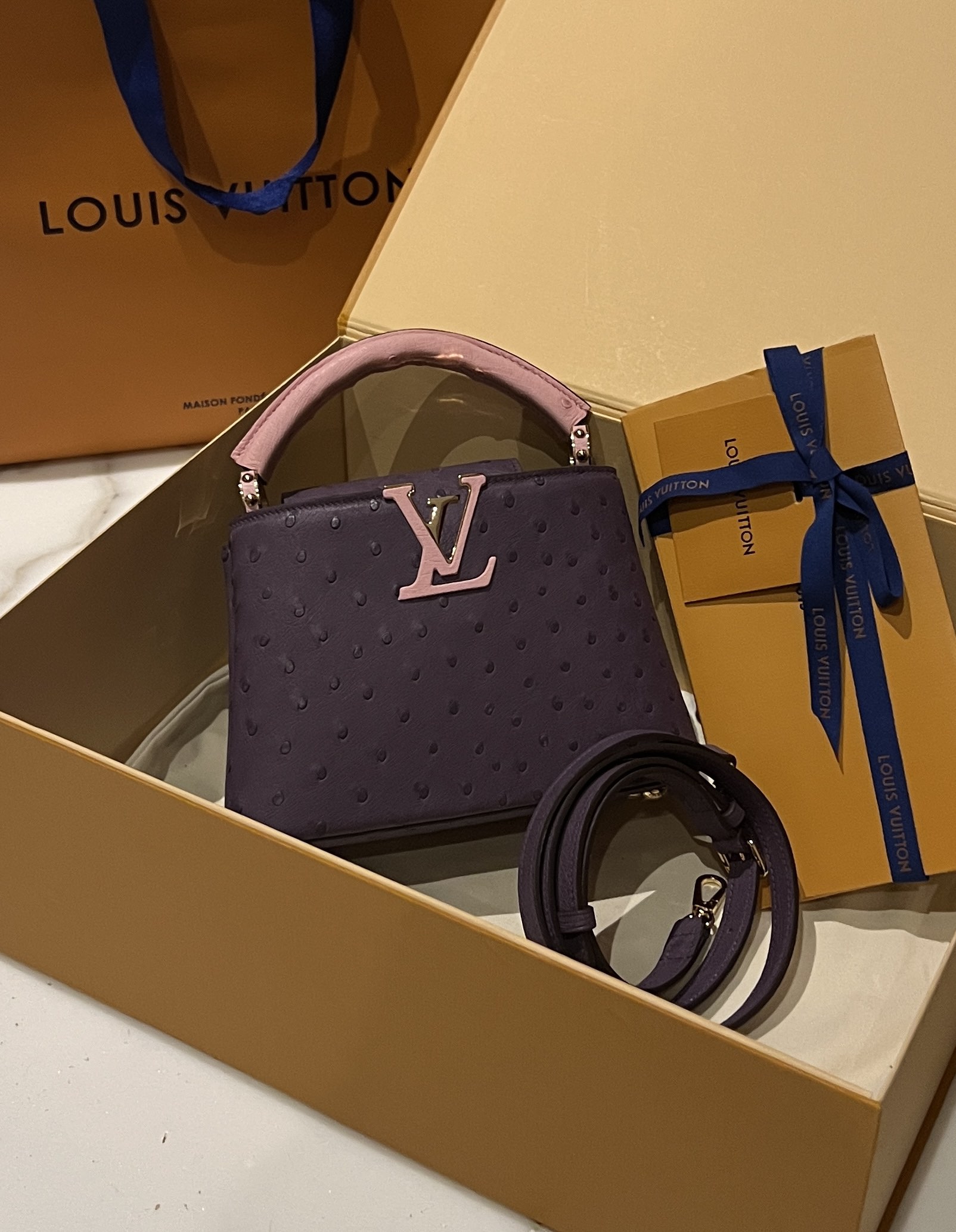 Bagsaaa L0vis Vvtt0n Capucines Ostrich Leather Purple & Pink