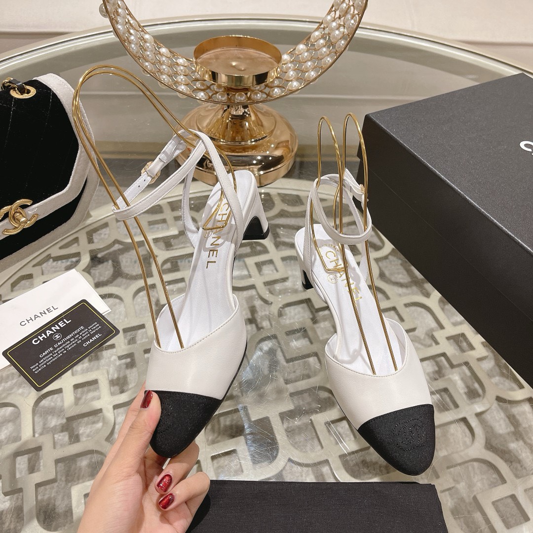 Bagsaaa Ch**el Slingback Heeled Sandals Pointed White 