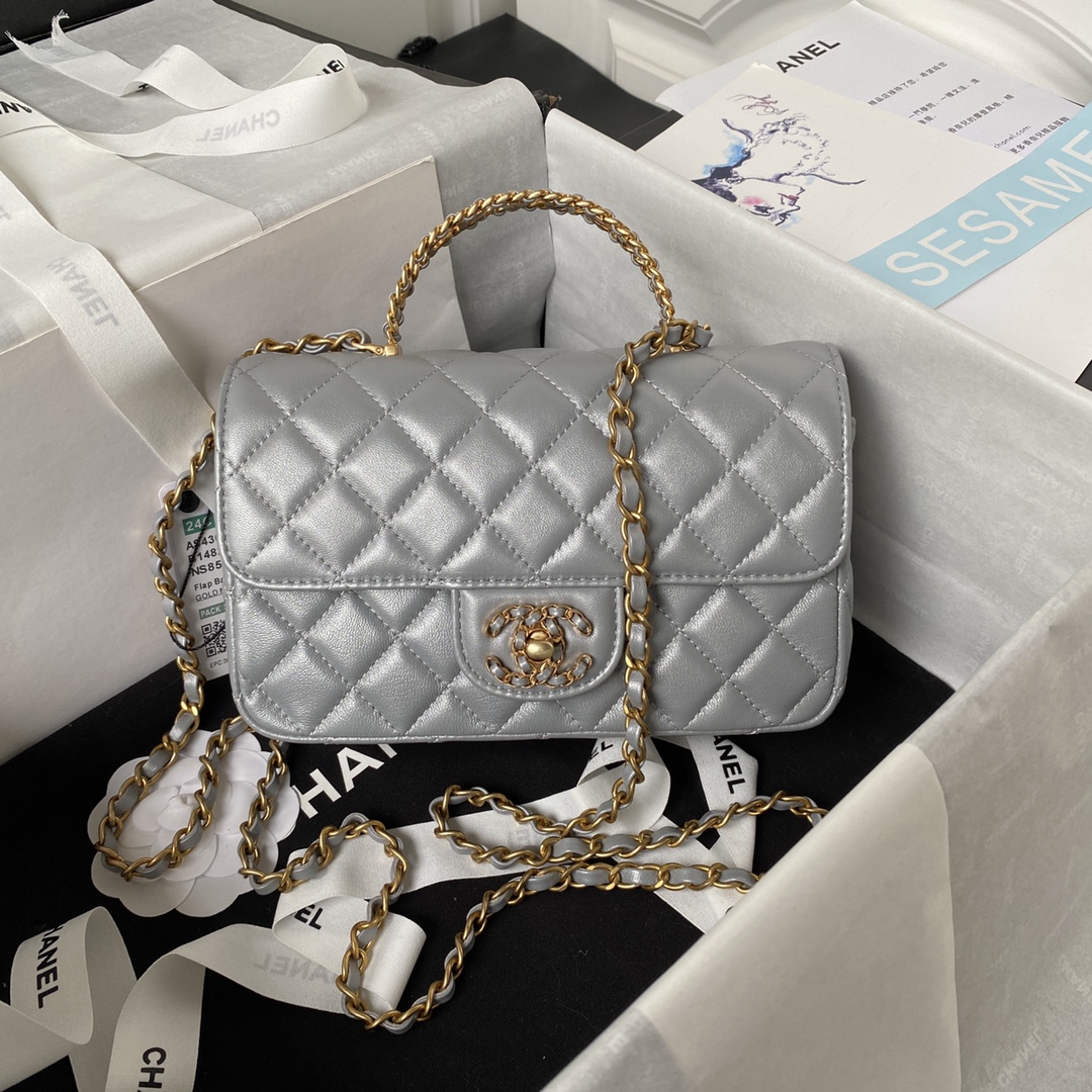 Bagsaaa Ch**el Top Handle 24C Flap Bag in Grey Lambskin - 21cm
