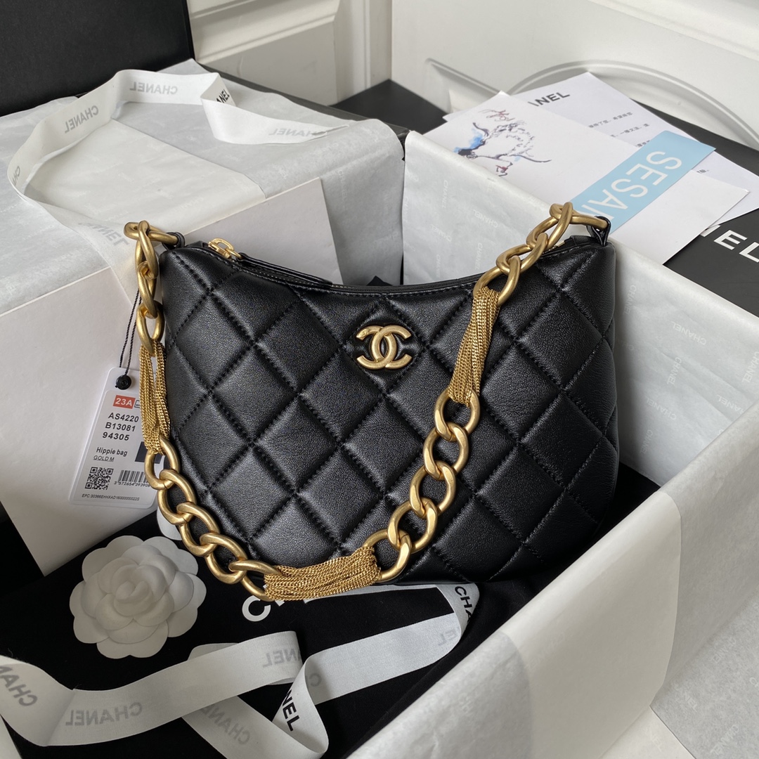 Bagsaaa Ch**el Hobo Handbag Black AS4220 - 19 × 24 × 5 cm