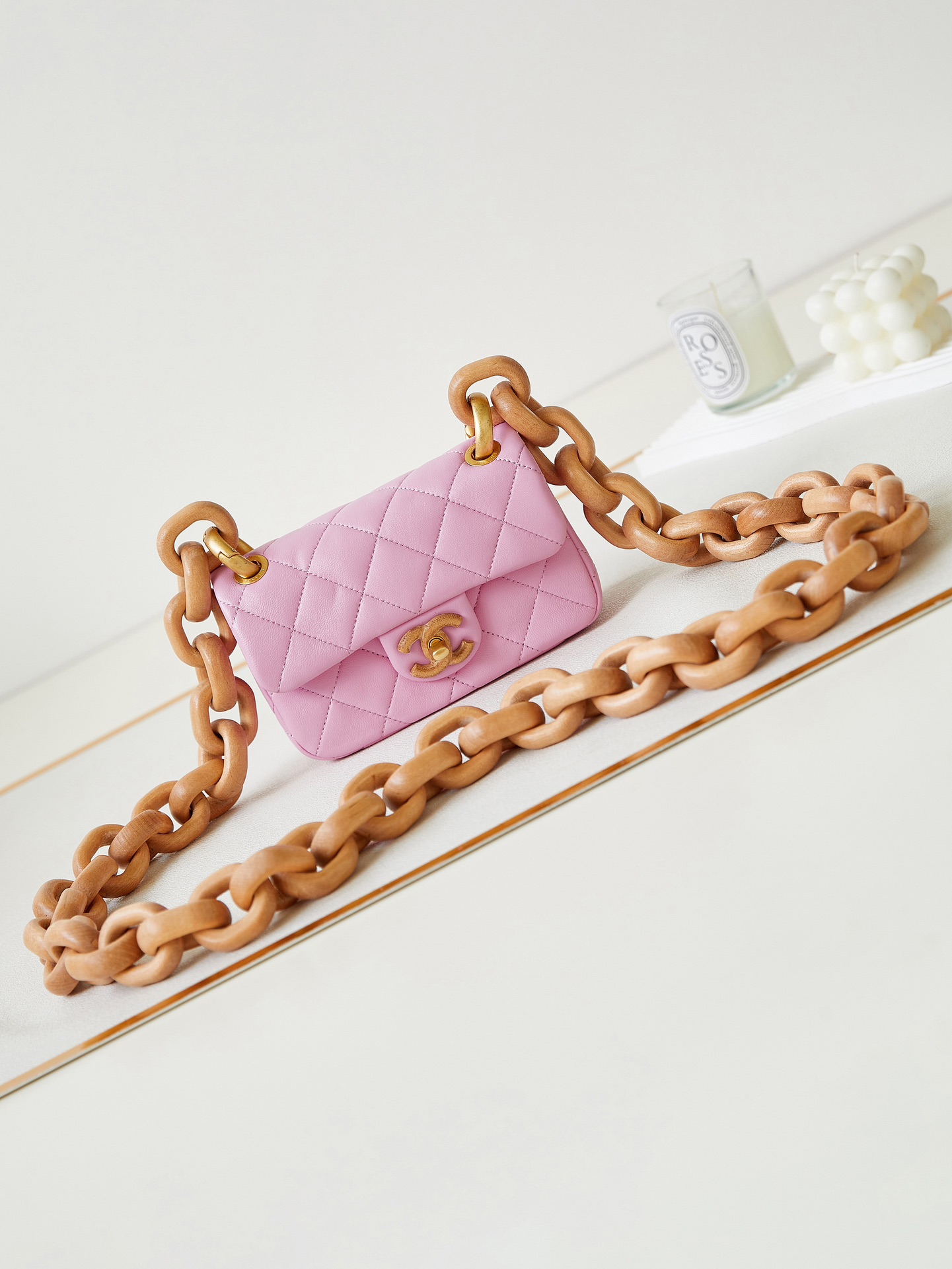 Bagsaaa Ch**el Mini Flap Bag Lambskin & Wenge Wood Pink AS4165 - 11 × 18 × 7 cm