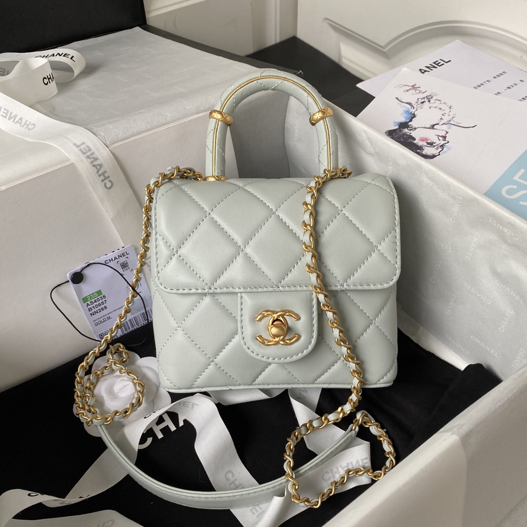 Bagsaaa Ch**el Mini Flap Bag With Top Handle Light Gray AS4035 - 15×15.5×7.5 cm