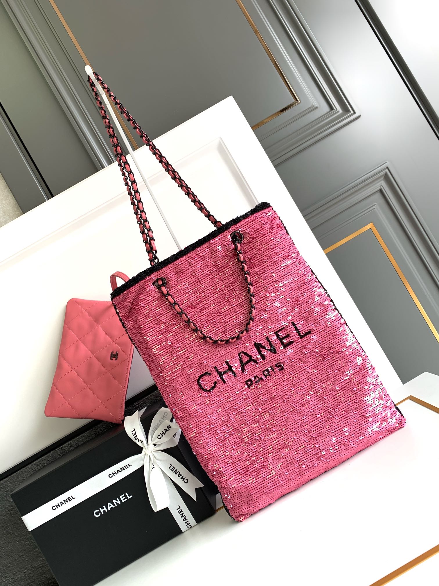 Bagsaaa Ch**el Shopping Bag AS4856 Pink Sequins & Black Metal - 39 × 30 × 2 cm