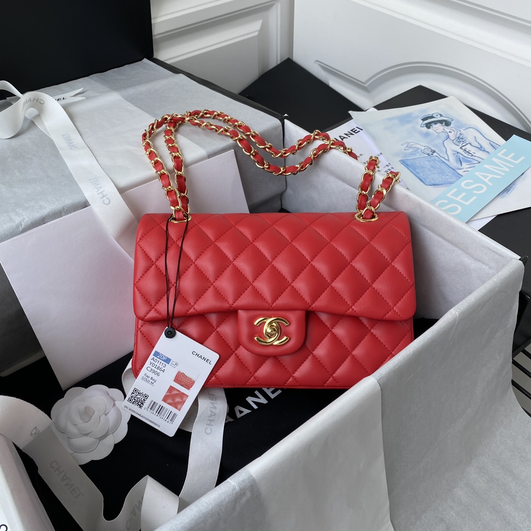 Bagsaaa Ch**el Flap Bag Red Lambskin & Gold Hardware - 23cm