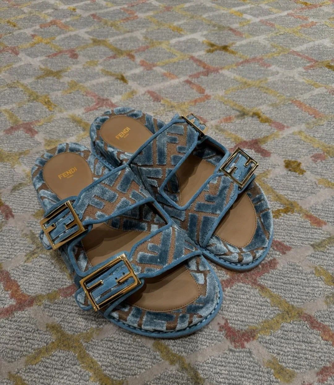 Bagsaaa F**di Feel blue FF jacquard velvet slides
