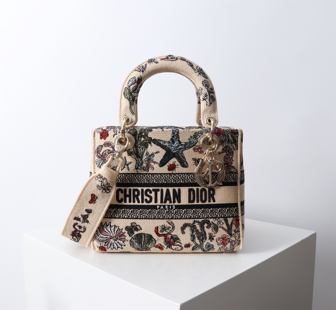 Bagsaaa Medium Lady D-Lite Bag Beige Raffia with Multicolor D10r Cabinet de Curiosités Embroidery - 24cm