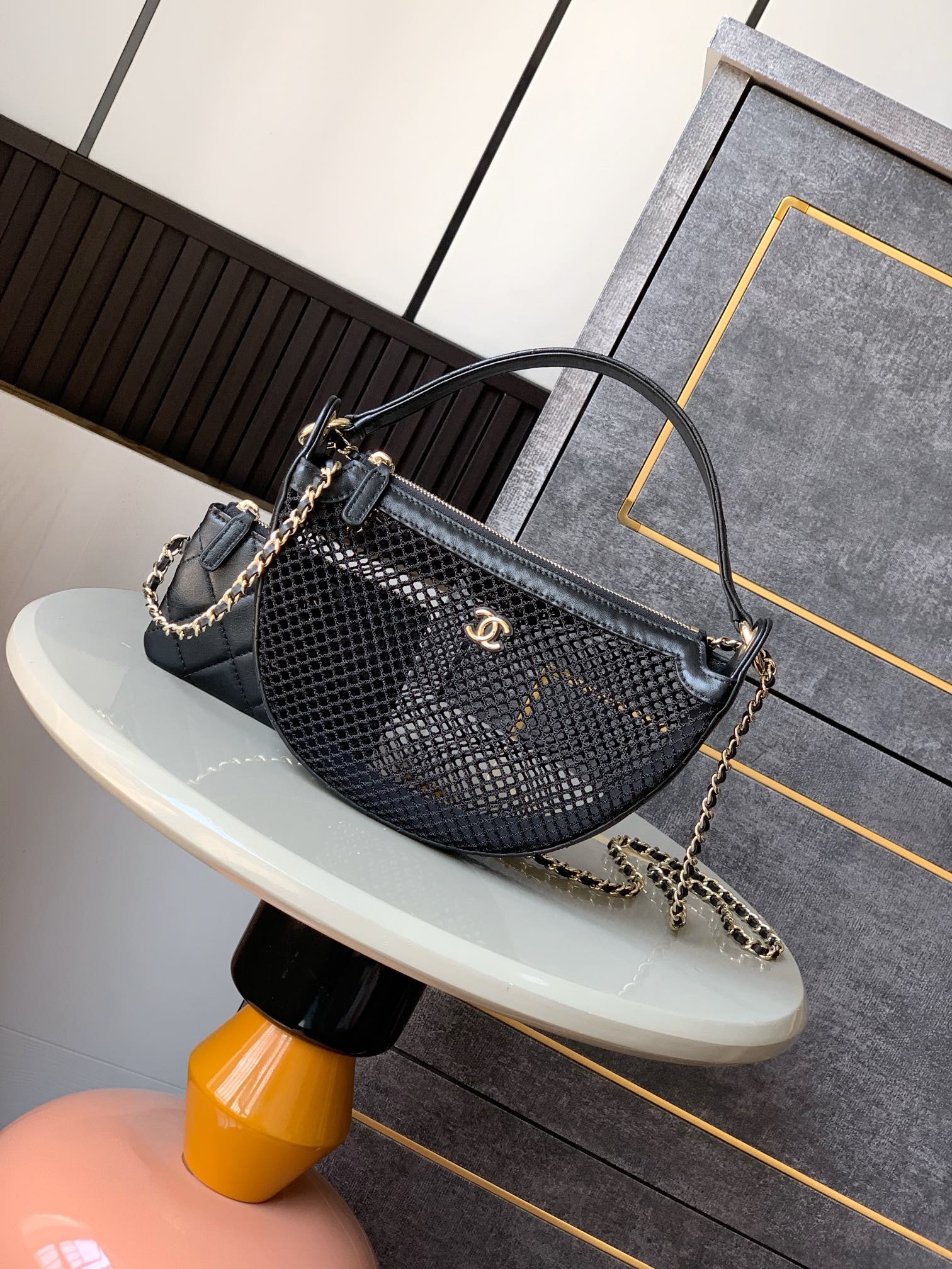 Bagsaaa Ch**el Clutch With Chain AP4573 Black Mesh - 22cm