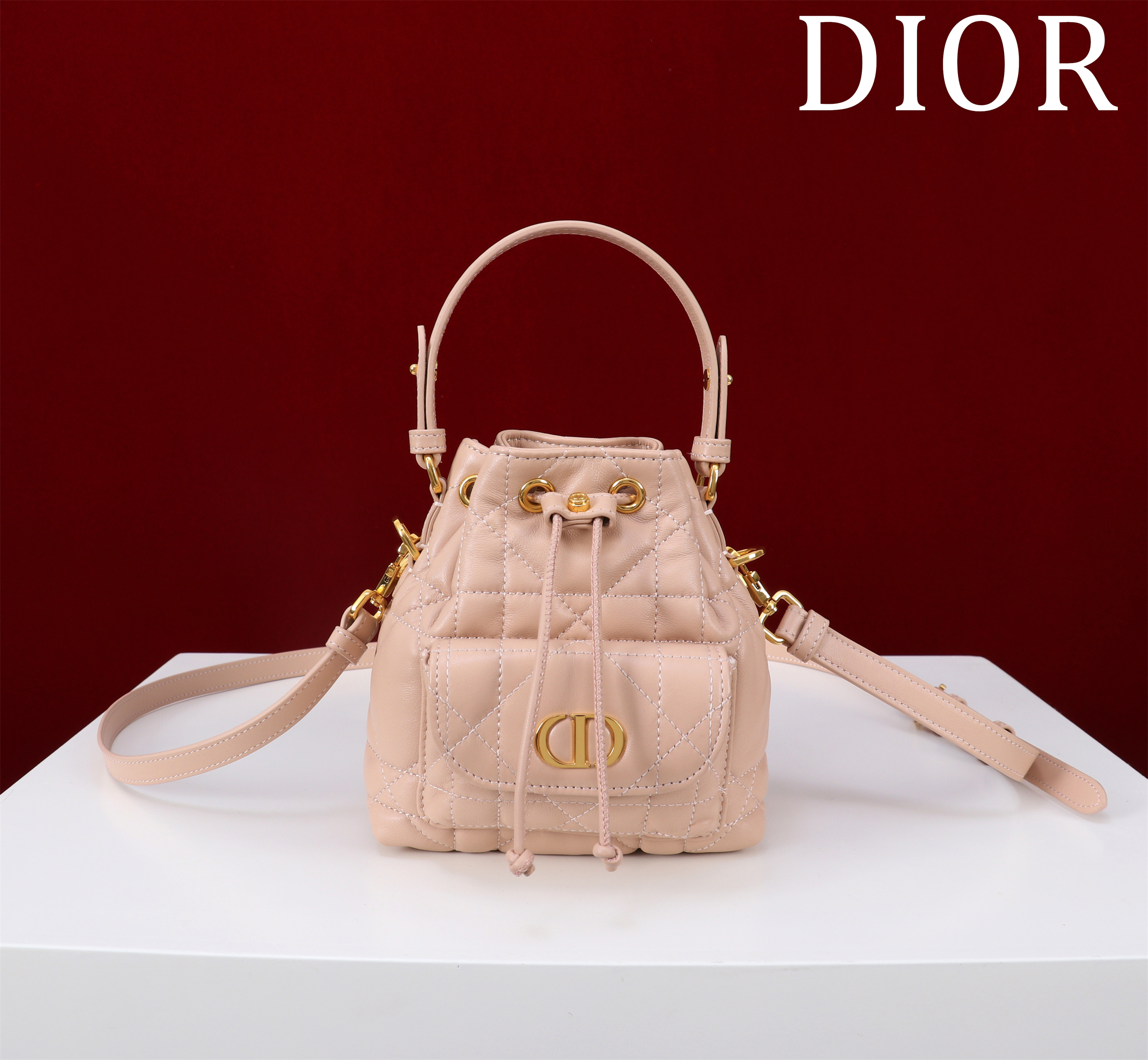 Bagsaaa D10r Caro Nano Bucket Bag Pink Macrocannage Lambskin - 15cm