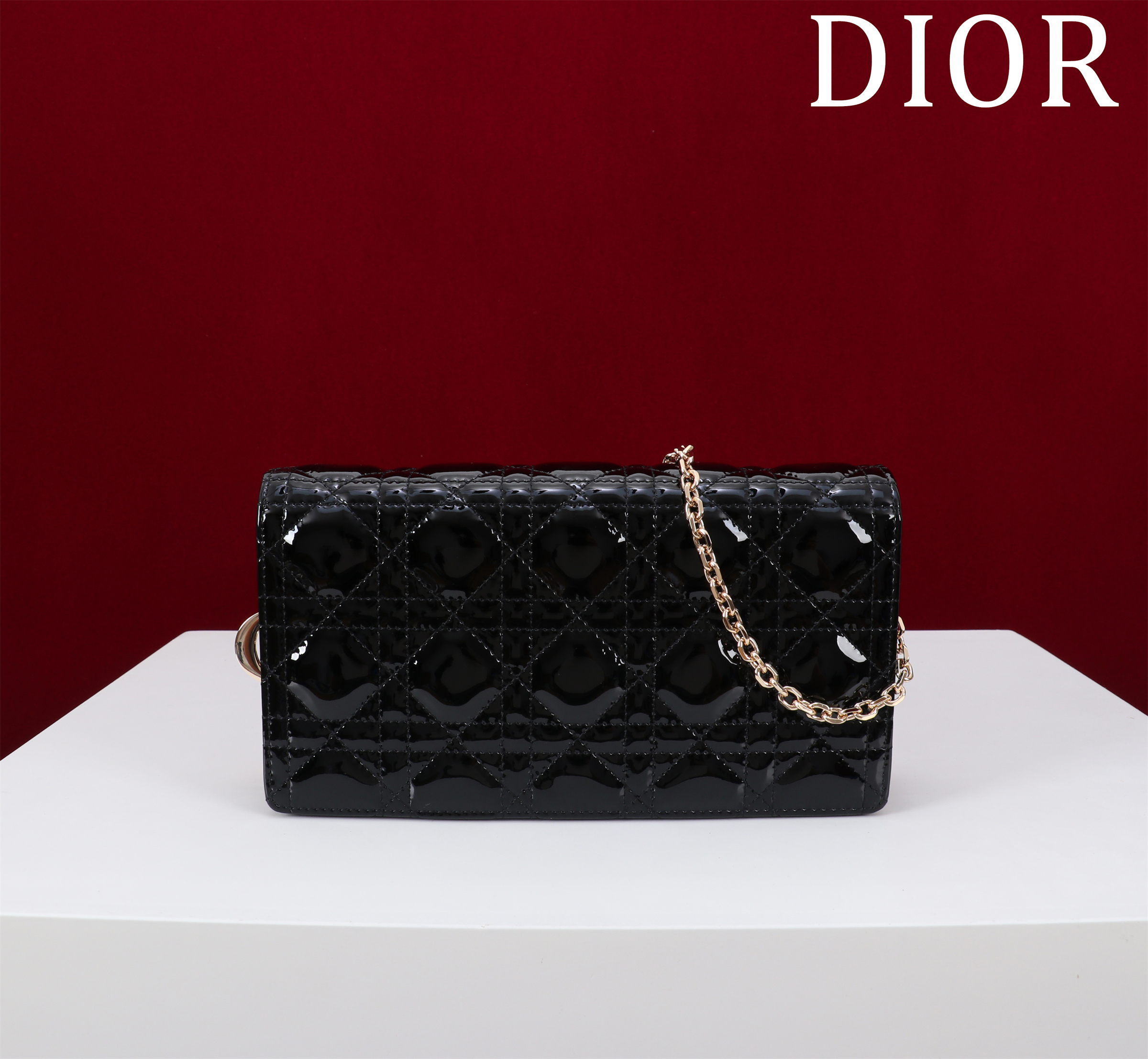 Bagsaaa Lady D10r Pouch with Chain Black Patent Cannage Calfskin - 21.5cm