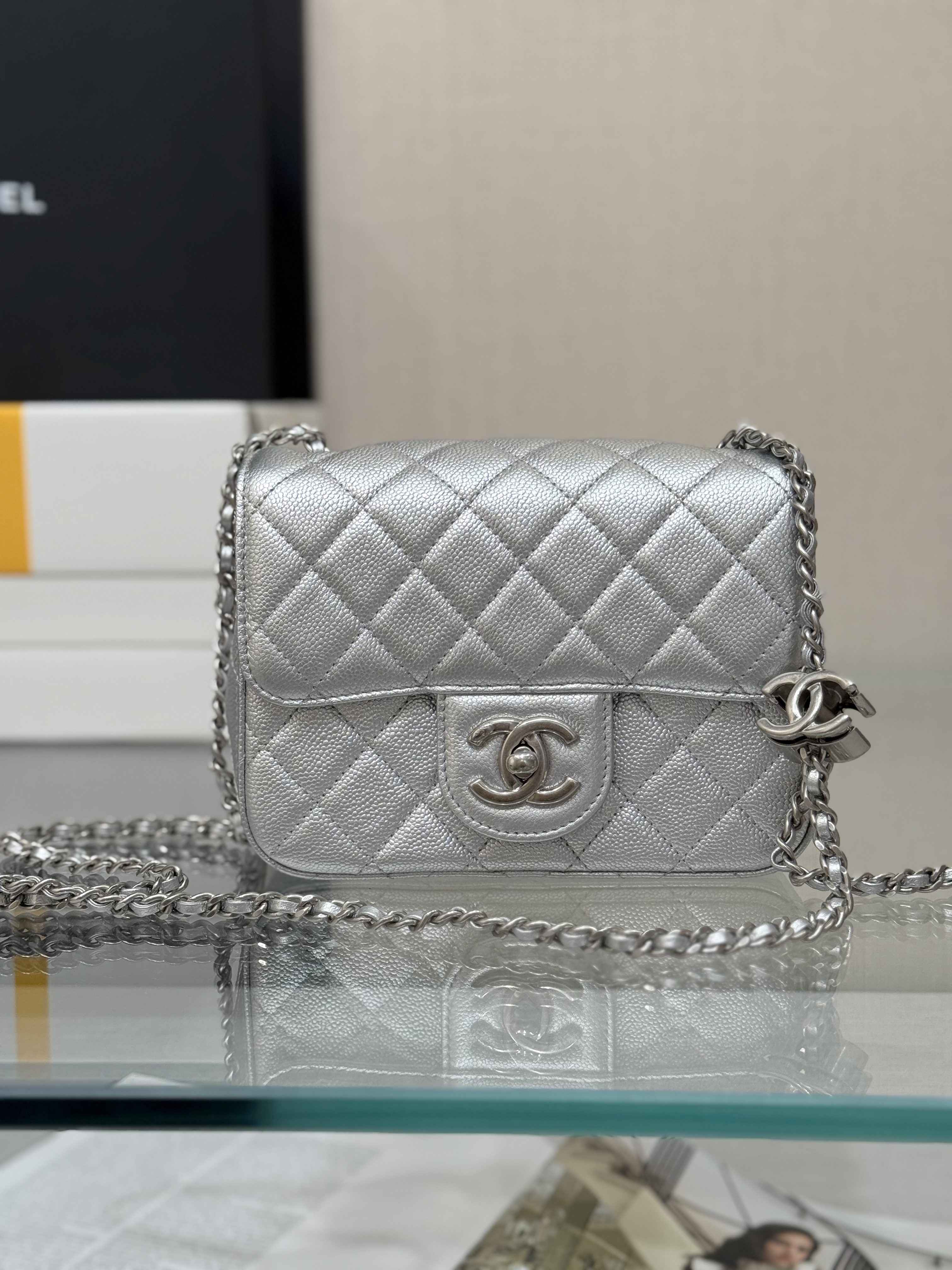Bagsaaa Ch**el Mini Flap Bag AS5758 Silver Caviar - 18cm