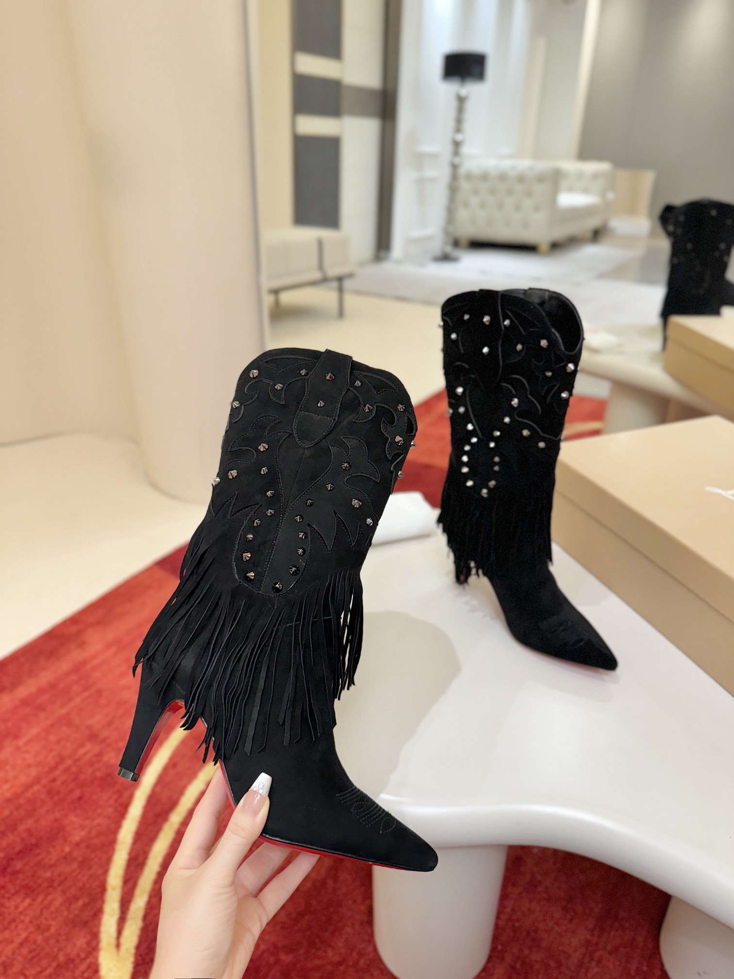 Bagsaaa Chr1st1an Louboutin Santia Fringe 85mm boots in black