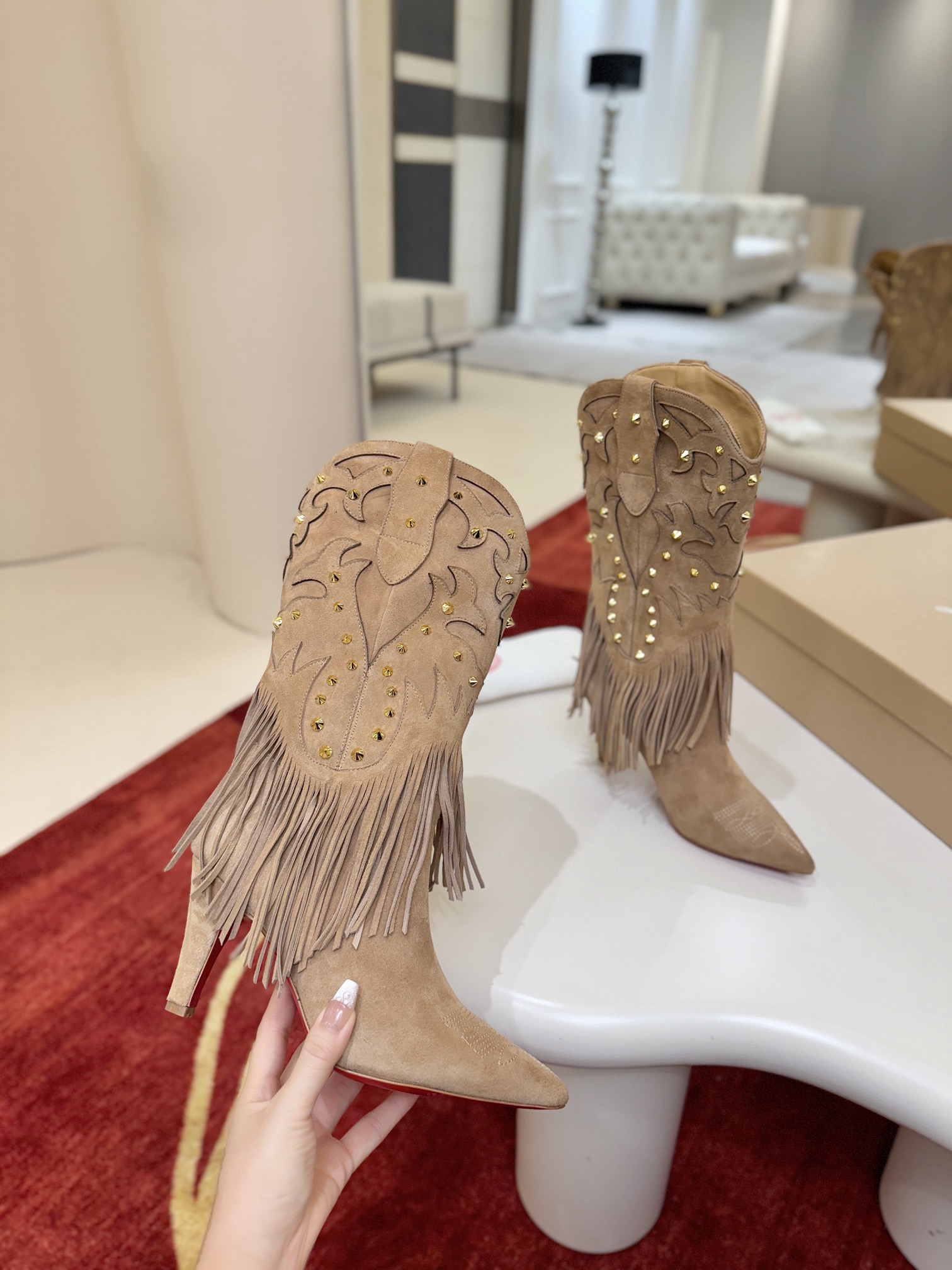 Bagsaaa Chr1st1an Louboutin Santia Fringe 85mm boots in beige