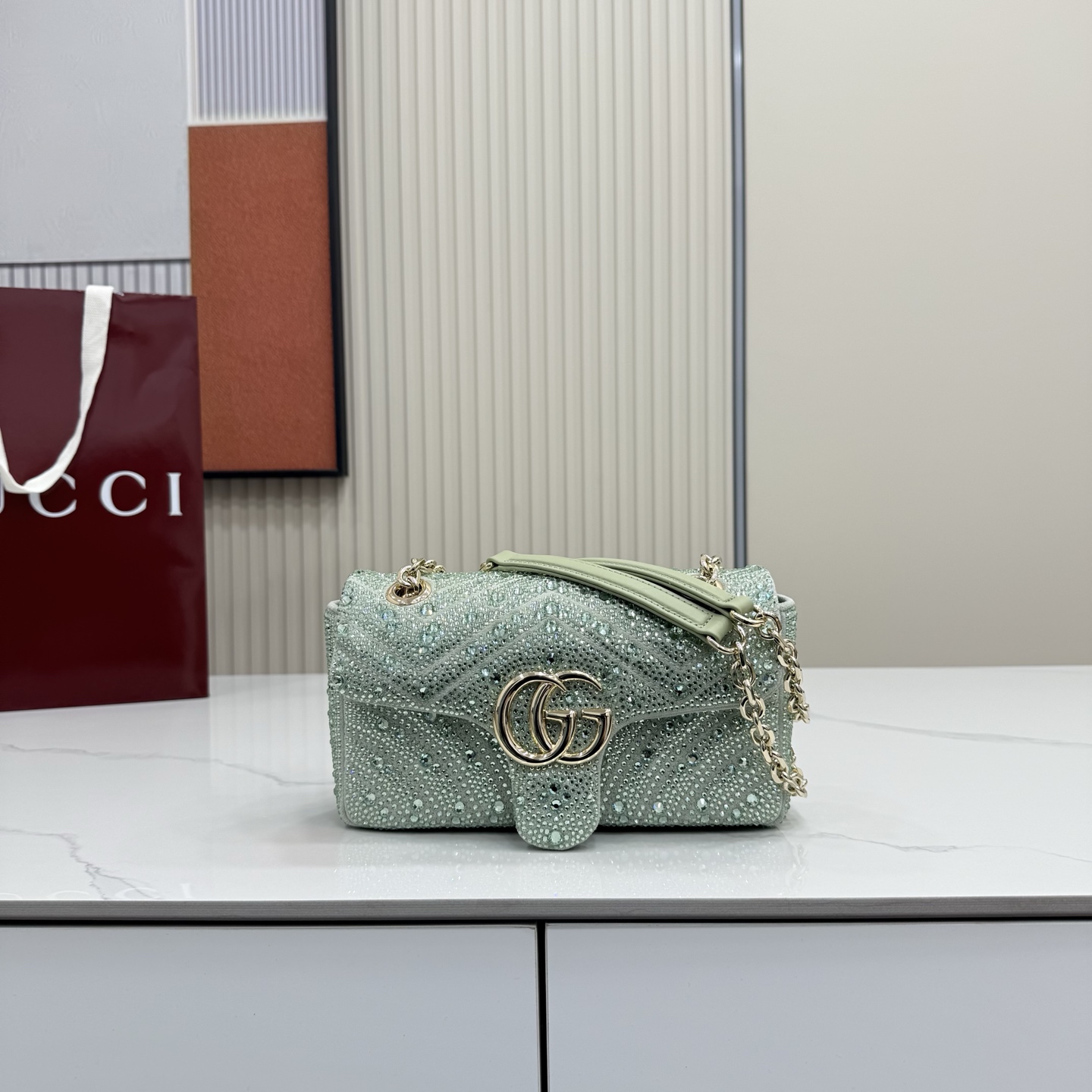 Bagsaaa Gvc*1 GG Marmont crystals small shoulder bag 837280 green - 22cm